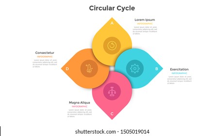 Round cyclic diagram with 4 colorful overlaying petal-like elements. Concept of four steps of business cycle. Flat infographic design template. Simple vector illustration for data visualization.