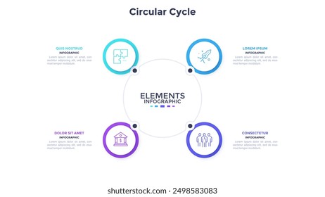 Diagrama cíclico redondo con 4 Elementos circulares blancos de papel. Concepto de cuatro etapas del proceso de producción. Plantilla de diseño infográfico simple. Moderna Ilustración vectorial plana para presentación de negocios.