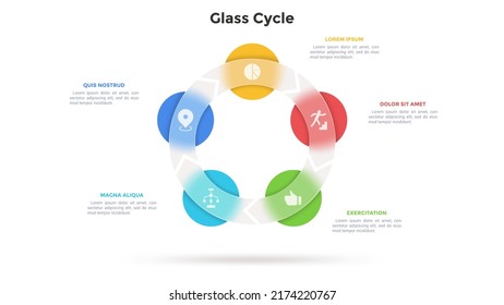 Round cyclic diagram with 5 circles behind translucent glass ring. Concept of five steps of business process. Simple infographic design template. Modern flat vector illustration for presentation.