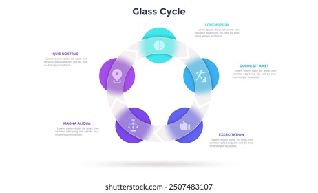 Round cyclic diagram with 5 circles behind translucent glass ring. Concept of five steps of business process. Simple infographic design template. Modern flat vector illustration for presentation.