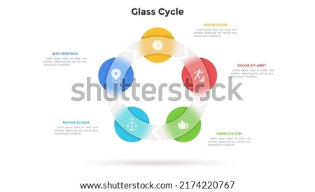 Round cyclic diagram with 5 circles behind translucent glass ring. Concept of five steps of business process. Simple infographic design template. Modern flat vector illustration for presentation.