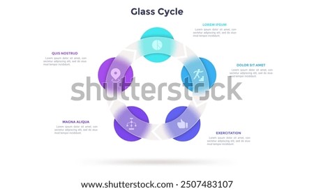 Round cyclic diagram with 5 circles behind translucent glass ring. Concept of five steps of business process. Simple infographic design template. Modern flat vector illustration for presentation.