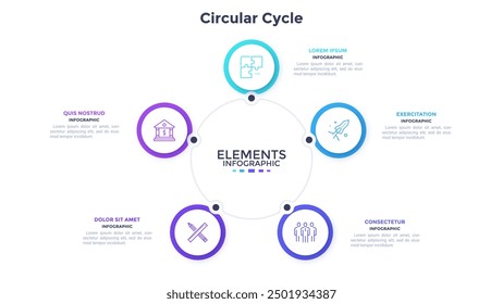 Round cyclic diagram with 5 paper white circular elements. Concept of five stages of production process. Simple infographic design template. Modern flat vector illustration for business presentation.