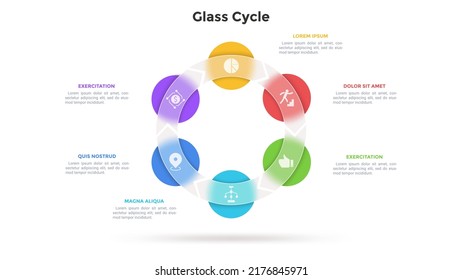 Round cyclic diagram with 6 circles behind translucent glass ring. Concept of six steps of business process. Simple infographic design template. Modern flat vector illustration for presentation.