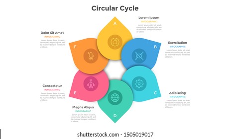 Round cyclic diagram with 6 colorful overlaying petal-like elements. Concept of six steps of business cycle. Flat infographic design template. Simple vector illustration for data visualization.