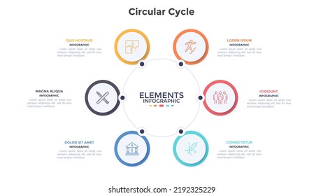 Round cyclic diagram with 6 paper white circular elements. Concept of six stages of production process. Simple infographic design template. Modern flat vector illustration for business presentation.