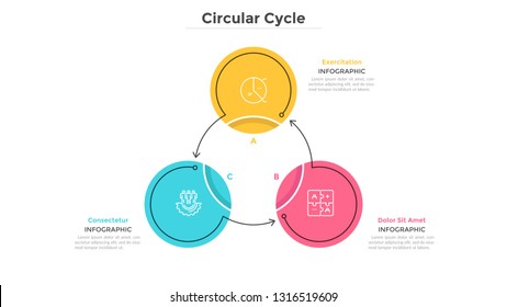 Round cyclical chart with 3 colorful circular elements connected by arrows. Business cycle with three steps. Flat infographic design template. Simple vector illustration for presentation, report.
