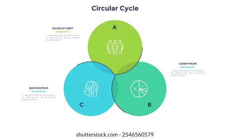 Round cyclical chart with 3 colorful circular elements connected by lines. Business cycle with three steps. Flat infographic design template. Simple vector illustration for presentation, report.