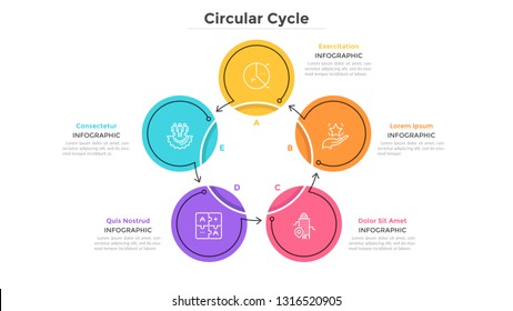 Round cyclical chart with 5 colorful circular elements connected by arrows. Business cycle with five steps. Flat infographic design template. Simple vector illustration for presentation, report.