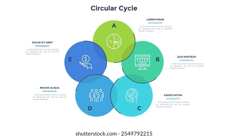 Gráfico circular redondo con 5 Elementos circulares coloridos conectados por líneas. Ciclo de negocio con cinco pasos. Plantilla plana de diseño infográfico. Ilustración vectorial simple para la presentación, informe.