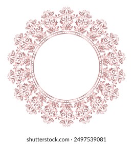 Round damask ornament, Decorative rose gold frame, Elegant vector element for design in Eastern style, beauty place for text, Floral golden border, Lace illustration for invitations and greeting cards