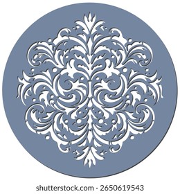 Round damask ornament stencil template for coaster laser cut. Vintage baroque swirl pattern. Cutting sticker design for cnc wood, paper, metal, vinyl, decoration. Vector illustration for home interior