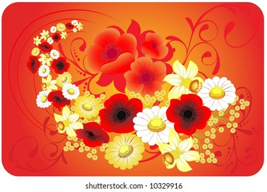 Round dance from flowers on a red background