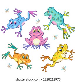 Round dance of funny colorful frogs in cartoon style. Isolated on white background. Vector illustration.