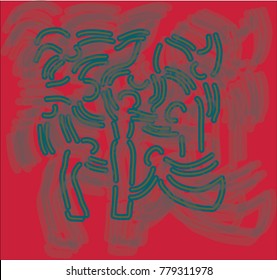 round dance of human silhouettes on a red background