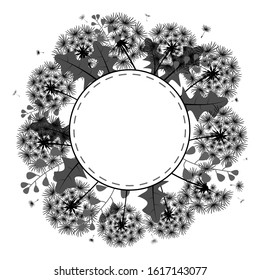 Round dandelion frame. Black white wreath with place for text. Flower border with leaves, dandelions and flying stamens of a dandelion. Floral design element. Vector flat illustration. Template