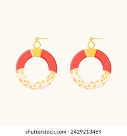 Round dangle gold earring isolated on white background. Golden Woman Expensive luxury accessories. Flat style vector illustration