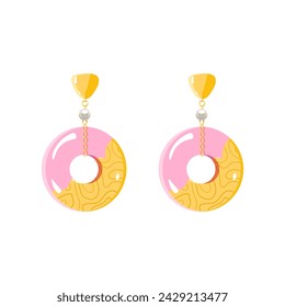 Round dangle gold earrings with pearl, pink mineral gemstone isolated on white background. Golden Woman Expensive luxury accessories. Flat style vector illustration