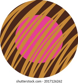 Round dark brown Chocolate candy with raspberry pink circular centre and caramel zigzag drizzle. Layered confectionary SVG svg