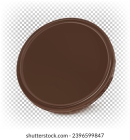 Round dark chocolate. Vector 3D illustration of a flat chocolate coin on a transparent background.