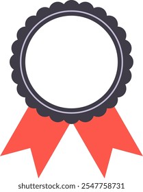 Cinta redonda de premio de borde festoneado gris oscuro con cintas de coral colgando que representan el logro, el logro y el éxito