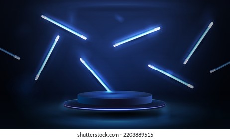 Round dark podium for product presentation with line random flying lamps around, 3d realistic vector illustration. Blue and dark digital scene