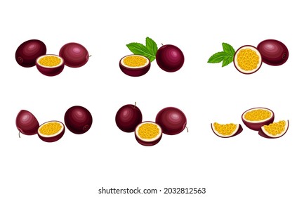 Round Dark Purple Passion Fruit with Juicy Flesh Containing Numerous Seeds Vector Set
