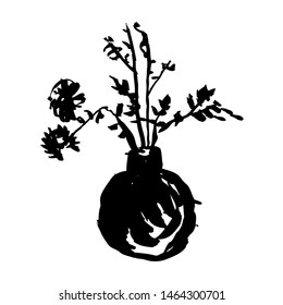 A round dark vase Ikebana with wild flowers, plants, leaves, twigs and branches in it. A linear, single color, black ink retro illustration in the International Style of 1960s, on a plain background