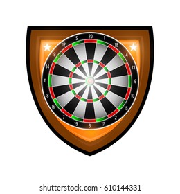 Round dartboard in center of shield isolated on white. Sport logo for any darts game or championship