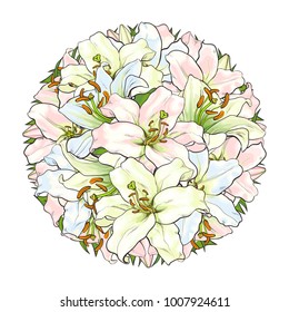 Round decoration element made of light pink and blue lily flowers, sketch style, hand drawn vector illustration isolated on white background. Hand-drawn lily flowers forming a round decoration element
