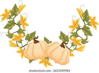 Marco de otoño decorativo redondo en forma de una corona con hojas verdes, flores de calabaza amarillas y dos calabazas blancas redondas, para decorar tarjetas de otoño, diseños de alimentos u otros diseños