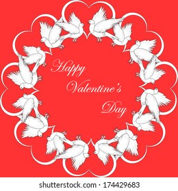 A round decorative background with flying white birds and smaller hearts. Valentines Day backdrop. Vector-art illustration