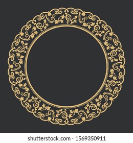 Round decorative baroque ornament. Flower gold frame with space for text. Lace element vector for design invitation, logo, postcards.