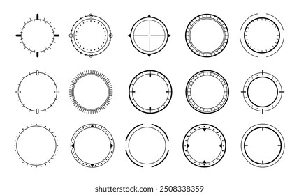 Round decorative border from compass. Vector navigation and direction, nautical and marine instruments, northeast west, meter scale measure. Dial gauge stripes around circle. Circular icon with lines