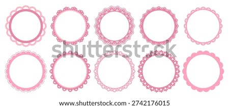 Round decorative border frames with scalloped and wavy edges. Vintage lace and ribbon outlines for invitations, labels, and greeting cards. Cute whimsical vector set in romantic retro style