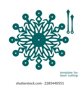 Round decorative clock. Openwork dial in the shape of snowflake, flower, mandala. Hour, minute hands. Vector template for plotter laser cutting of paper, fretwork, wood carving, metal engraving, cnc.