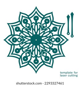 Round decorative clock. Openwork dial in the shape of snowflake, flower, mandala. Hour, minute hands. Vector template for plotter laser cutting of paper, fretwork, wood carving, metal engraving, cnc.