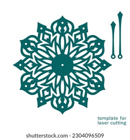 Round decorative clock. Openwork dial in the shape of snowflake, flower, mandala. Hour, minute hands. Vector template for plotter laser cutting of paper, fretwork, wood carving, metal engraving, cnc.