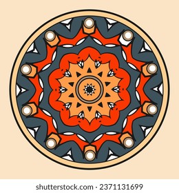 Round decorative composition with ethnic ornament. The palette is dominated by blue and orange. Vector illustration
