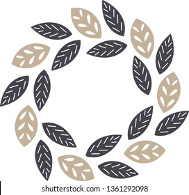 Round decorative composition with scandinavian folk art elements. Floral wreath for packaging, branding, tags, cards, embroidery. Vector illustration with blank space