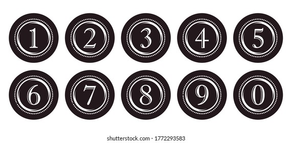 Round decorative dark  labels with numbers.