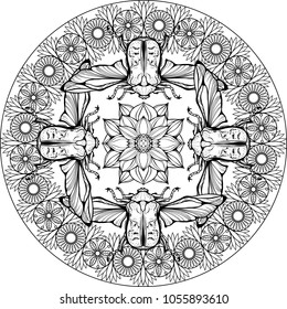 Round decorative element with bugs and flowers.
