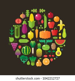 Round decorative element is made of fruits, vegetables, and berries. Vector illustration, flat design. Good for print, posters, commercial, flayers, banners. Farmers market.
