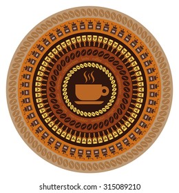 Round decorative element seamless pattern with coffee. Arcfi vector decorative element for packaging, labels, menus, fabric.