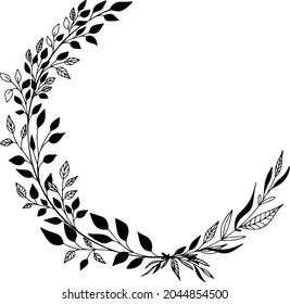 Round decorative floral border. Vector doodle leaf wreath. Drawn circle flower desing