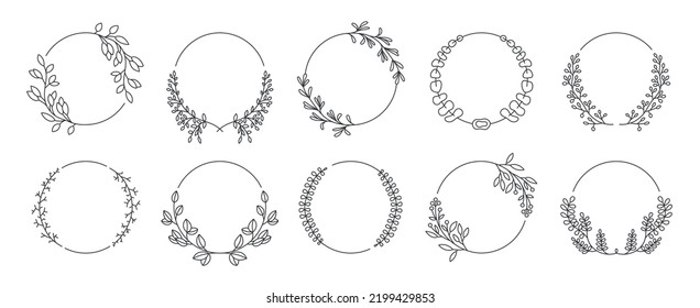 Marcos florales de decoración redonda. Esbozo de líneas de ramas de laurel y bordes redondeados para tatuajes y marcos de tarjetas de felicitación. Conjunto de decoración de invitación a la boda vectorial. Plantilla con follaje
