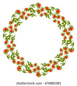 Round decorative frame with abstract beautiful flowers. Vector clip art.
