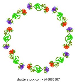 Round decorative frame with abstract beautiful flowers. Vector clip art.