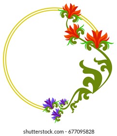 Round decorative frame with abstract beautiful flowers. Vector clip art.
