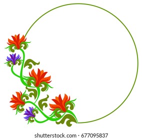 Round decorative frame with abstract beautiful flowers. Vector clip art.